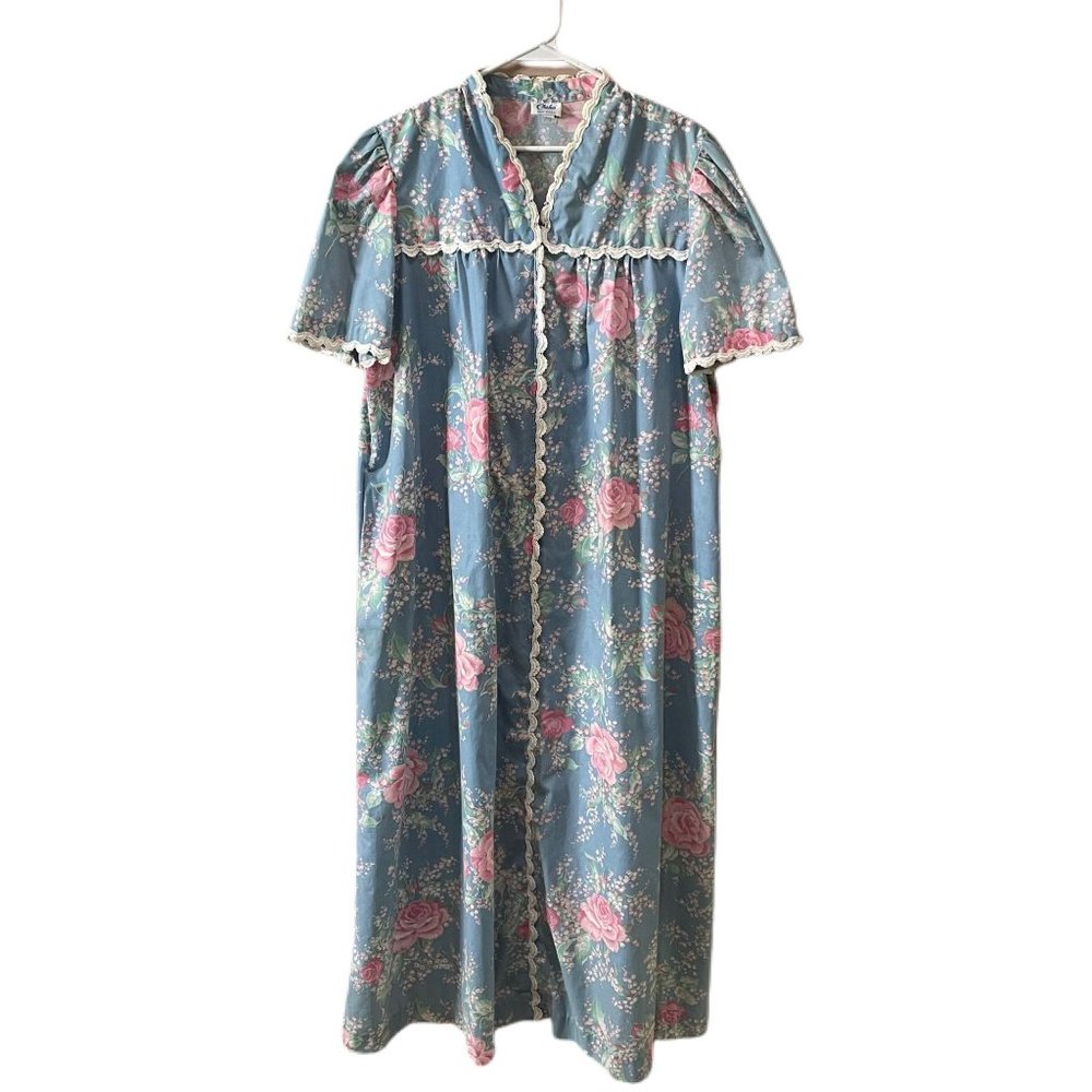 Chiha Women’s Size Large Housedress Housecoat Vintage Floral Zip Up Lace